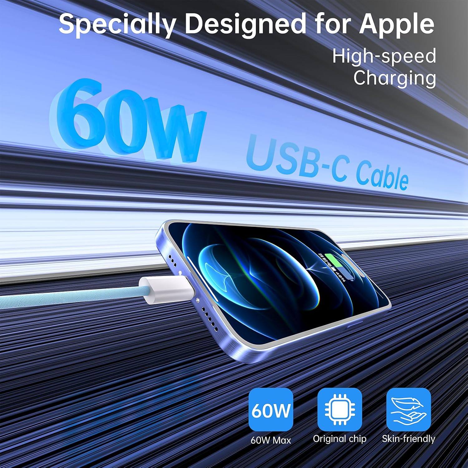 Detalle 2 de 3 Pack USB-C to USB-C Cable, 3FT, 60W Fast Charging, Colorful Nylon Braided (Blue, Green, Pink)