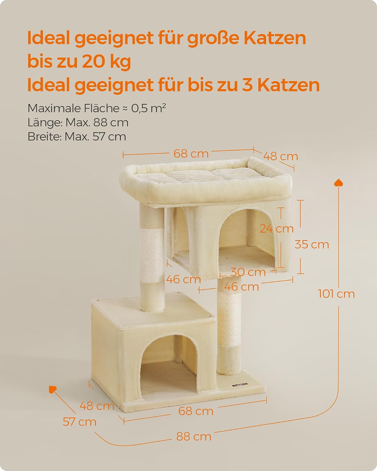 Detalle de Feandrea Kratzbaum PCT614M01 (101 cm) XL – Katzenhaus mit großer Plattform, 2 Höhlen & Sisalstämmen