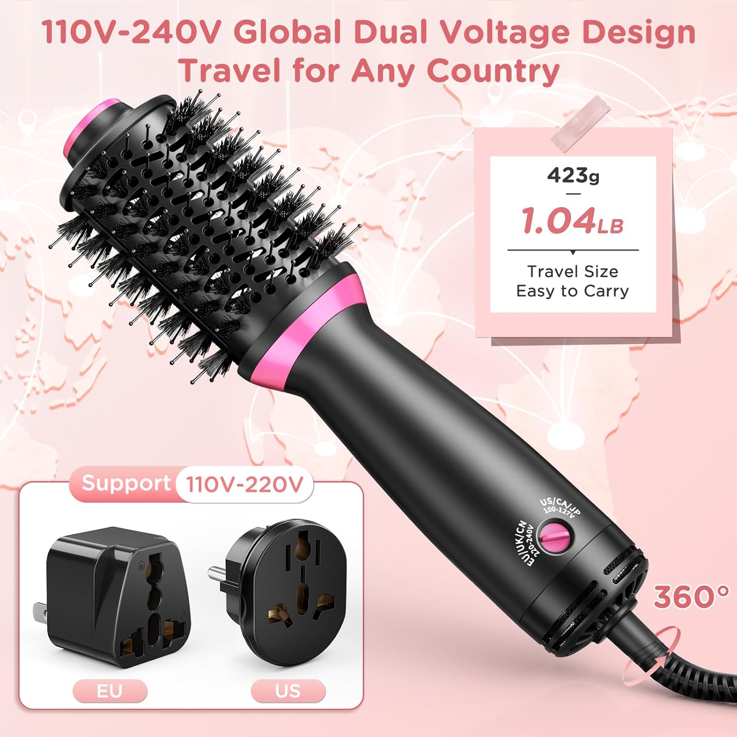 Thumbnail 4 de ONEWEST 3-in-1 Hair Dryer Brush (Dual Voltage) with Negative Ion Hot Air Brush, 2 Speeds and Travel Adapters