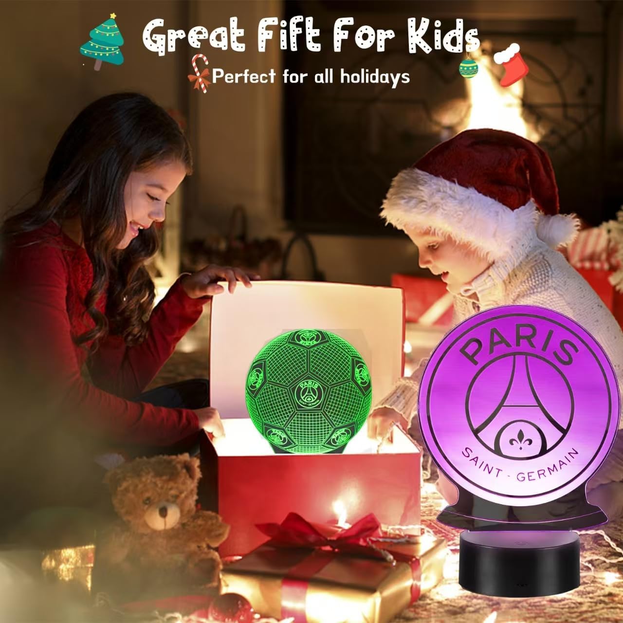 Detalle 2 de Veilleuse 3D Paris Football LED pour enfants avec télécommande et 16 couleurs