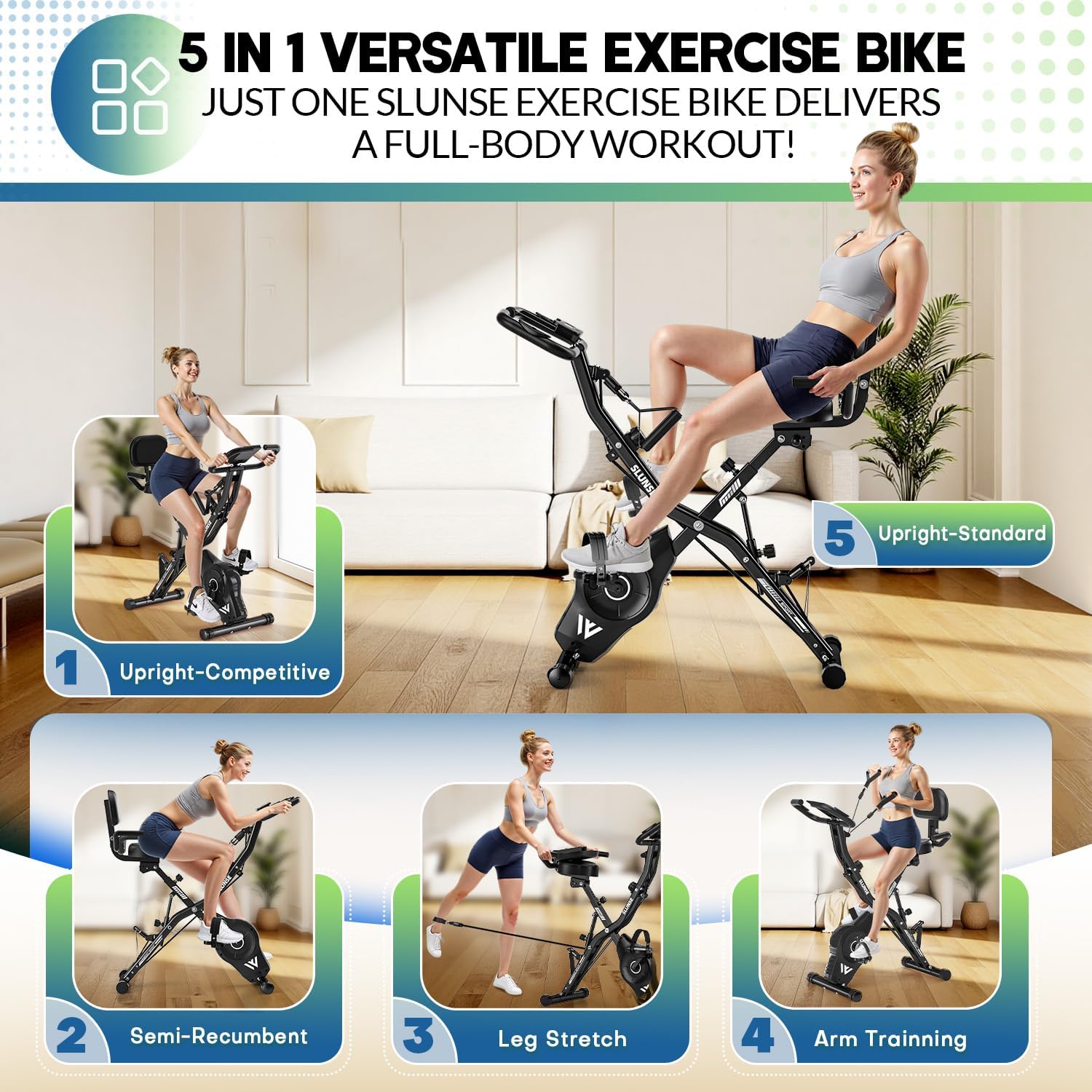 Detalle de SLUNSE 5-in-1 Quiet Folding Exercise Bike with 16-Level Magnetic Resistance