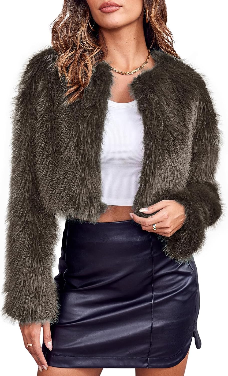 Detalle de Danedvi Cropped Faux Fur Jacket for Women, Long Sleeve Open-Front Coat