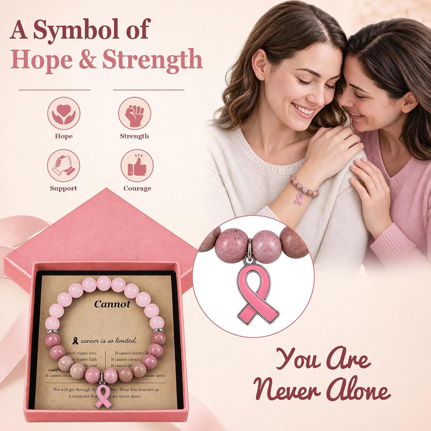 Detalle 2 de Pink Ribbon Bracelet with Natural Stone Beads