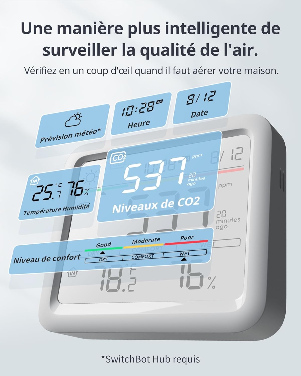 Detalle de SwitchBot Détecteur de CO2 Bluetooth IP65 avec thermomètre et hygromètre intérieur – mesure précise et alarme