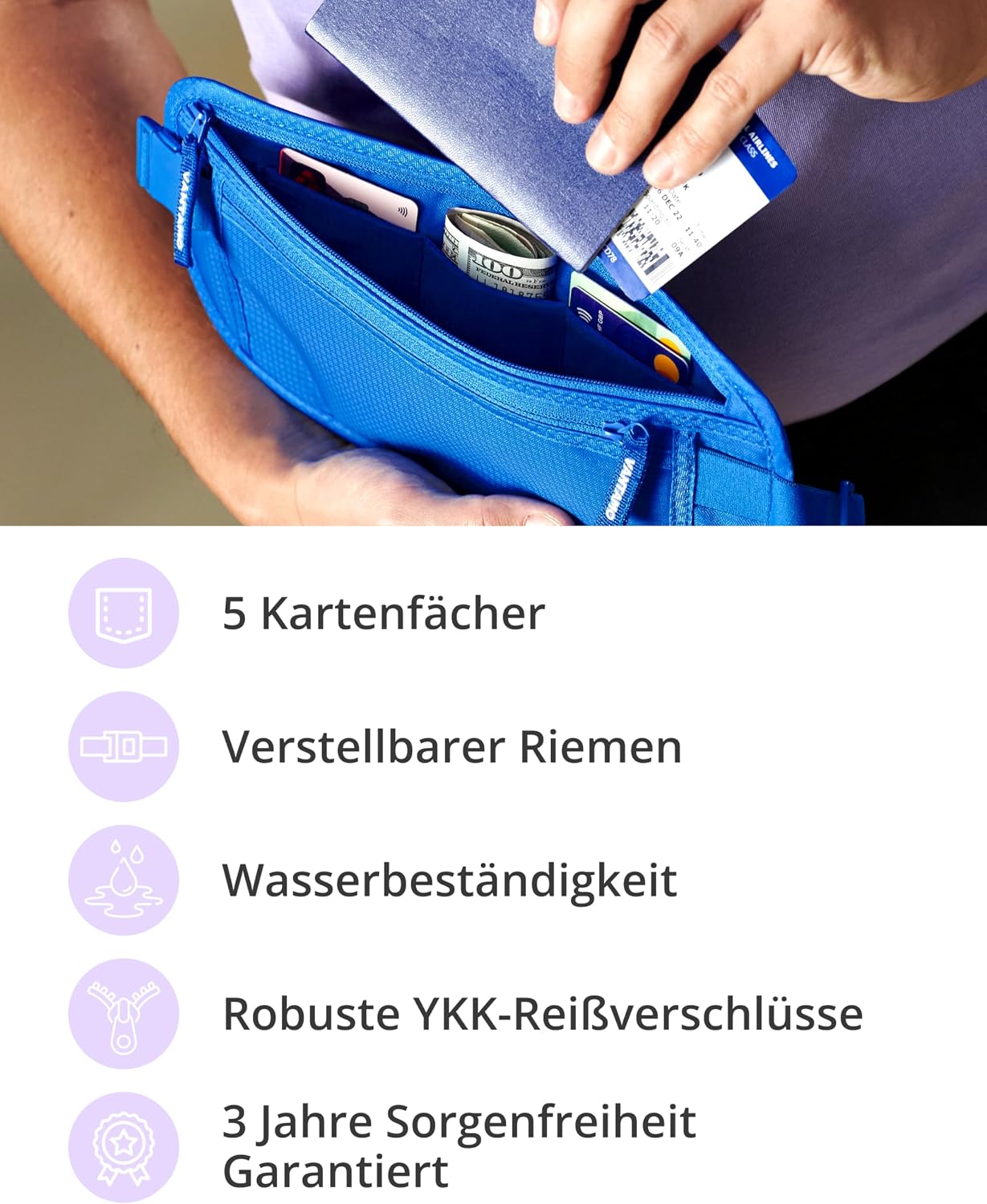 Detalle 1 de Vantamo Bauchtasche Damen ultraflach mit RFID-Schutz – Reise-Geldgürtel mit 2 Fächern und verstellbarem Gurt