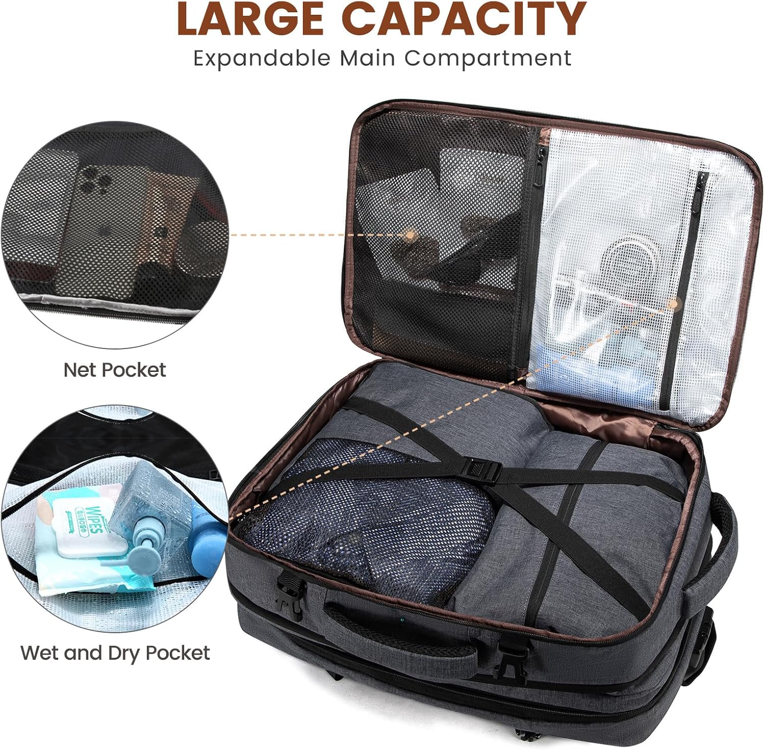 Detalle de LOVEVOOK Reiserucksack als Flugzeug-Handgepäck mit Laptopfach für 17,3 Zoll, erweiterbar (Grau) – 30–40 l