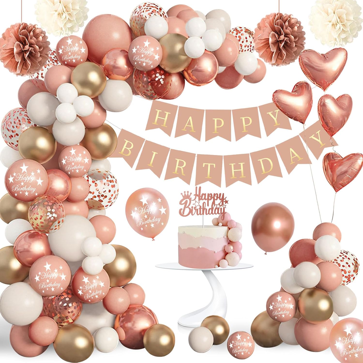 Kit décoration anniversaire Rainllon or rose : bannière « Happy Birthday », ballons, pompons et arche