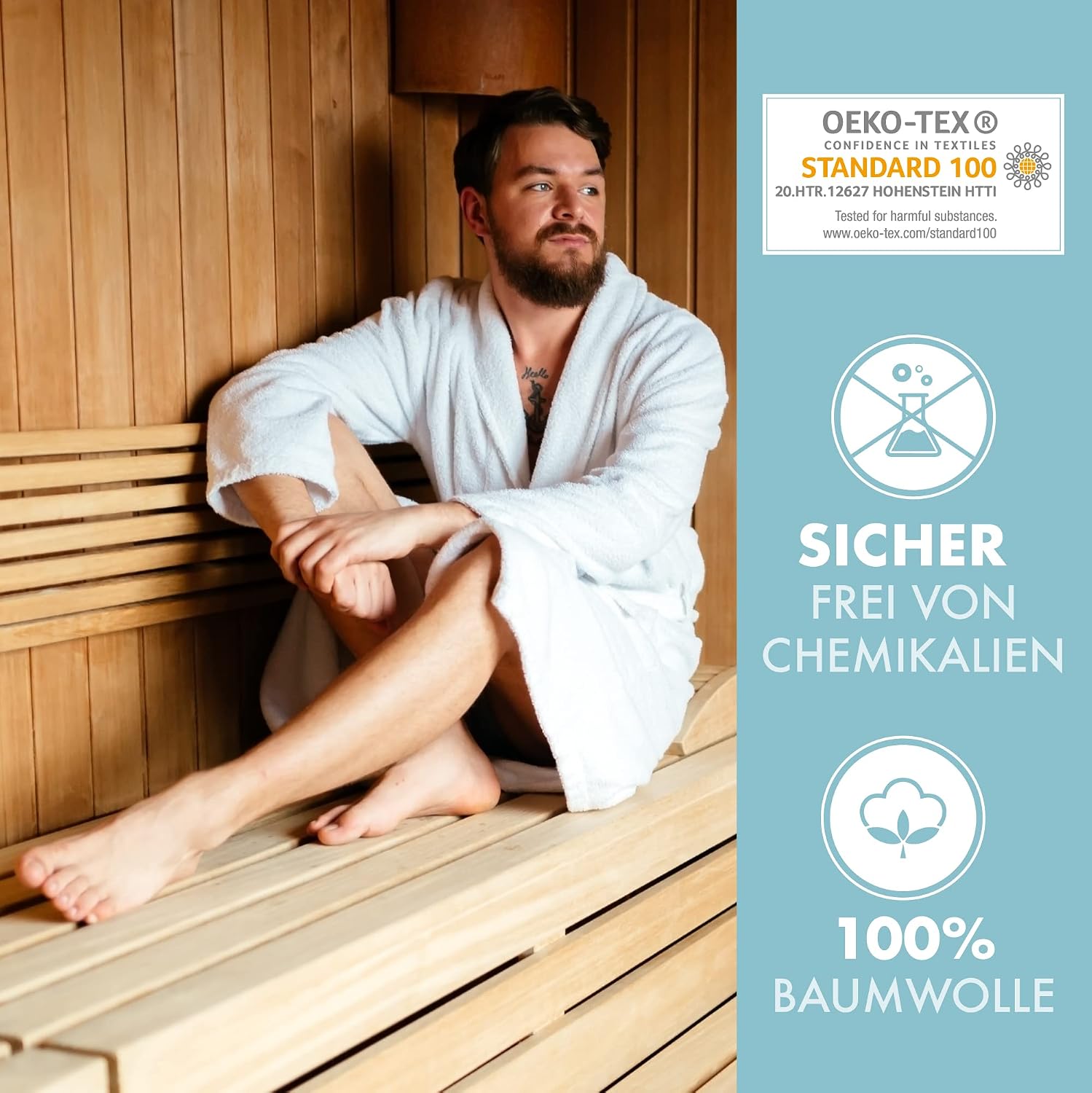 Thumbnail 5 de Twinzen Herren-Bademantel aus 100% Baumwolle, 350 g/m² – Kapuze, 2 Taschen, Gürtel | OEKO-TEX zertifiziert