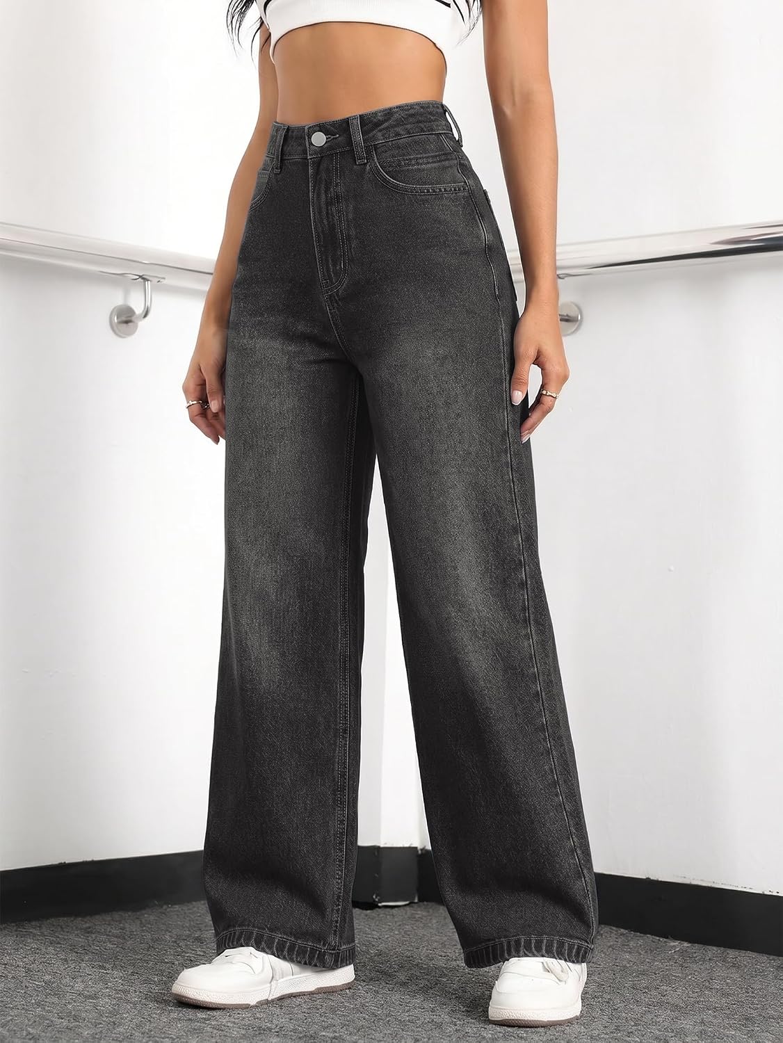 Detalle de EMMIOL Women Baggy Jeans (Mid-Low Waist) Boyfriend Streetwear Vintage Wide-Leg Denim Pants