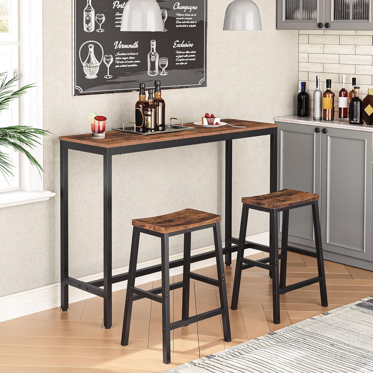 Thumbnail 3 de HOOBRO BF02MD01 Bar Stools, Set of 2, Rustic Brown and Black with Footrests