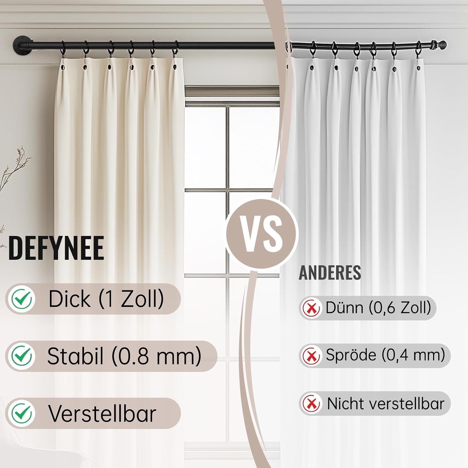 Detalle de DEFYNEE Gardinenstange Schwarz (80 bis 218 cm) – ausziehbare Industrial-Stange für Deckenmontage