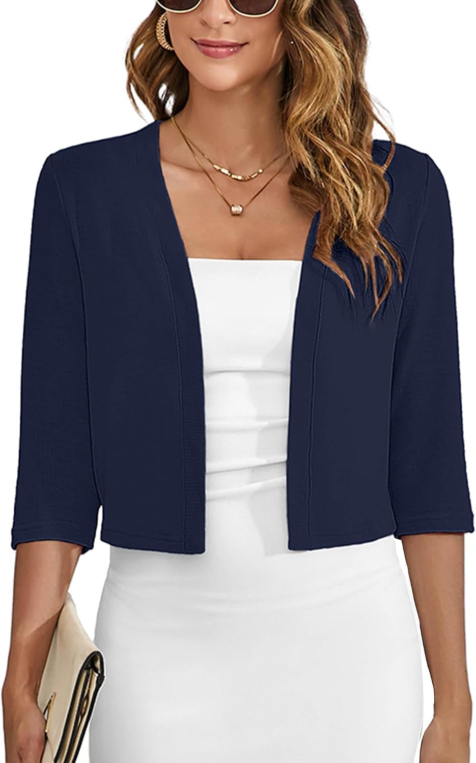 Detalle de Heymoments Women's Thin Shrugs 3/4 Sleeve Lightweight Cropped Cardigan