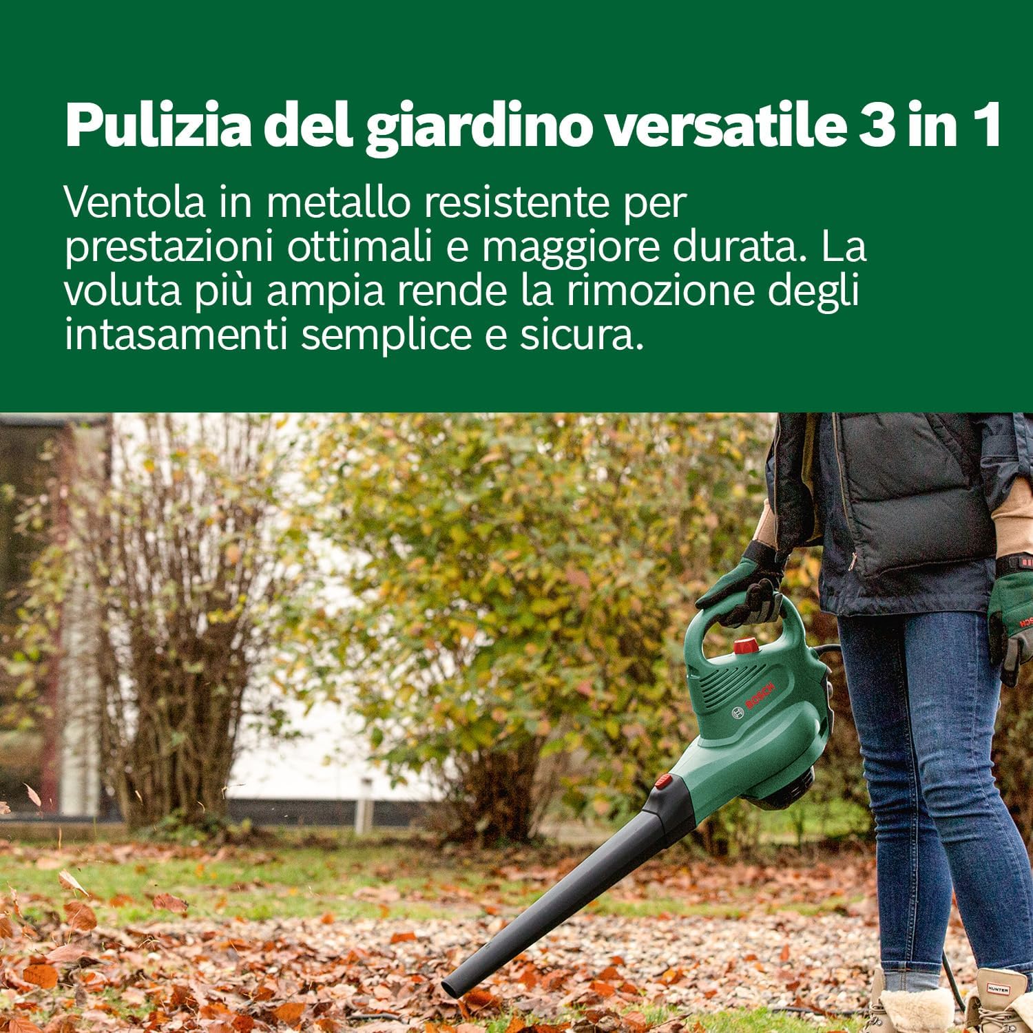 Thumbnail 2 de Bosch UniversalGardenTidy 3000 3 in 1 soffiatore/aspiratore elettrico da 3000 W con sacco 50 L, verde