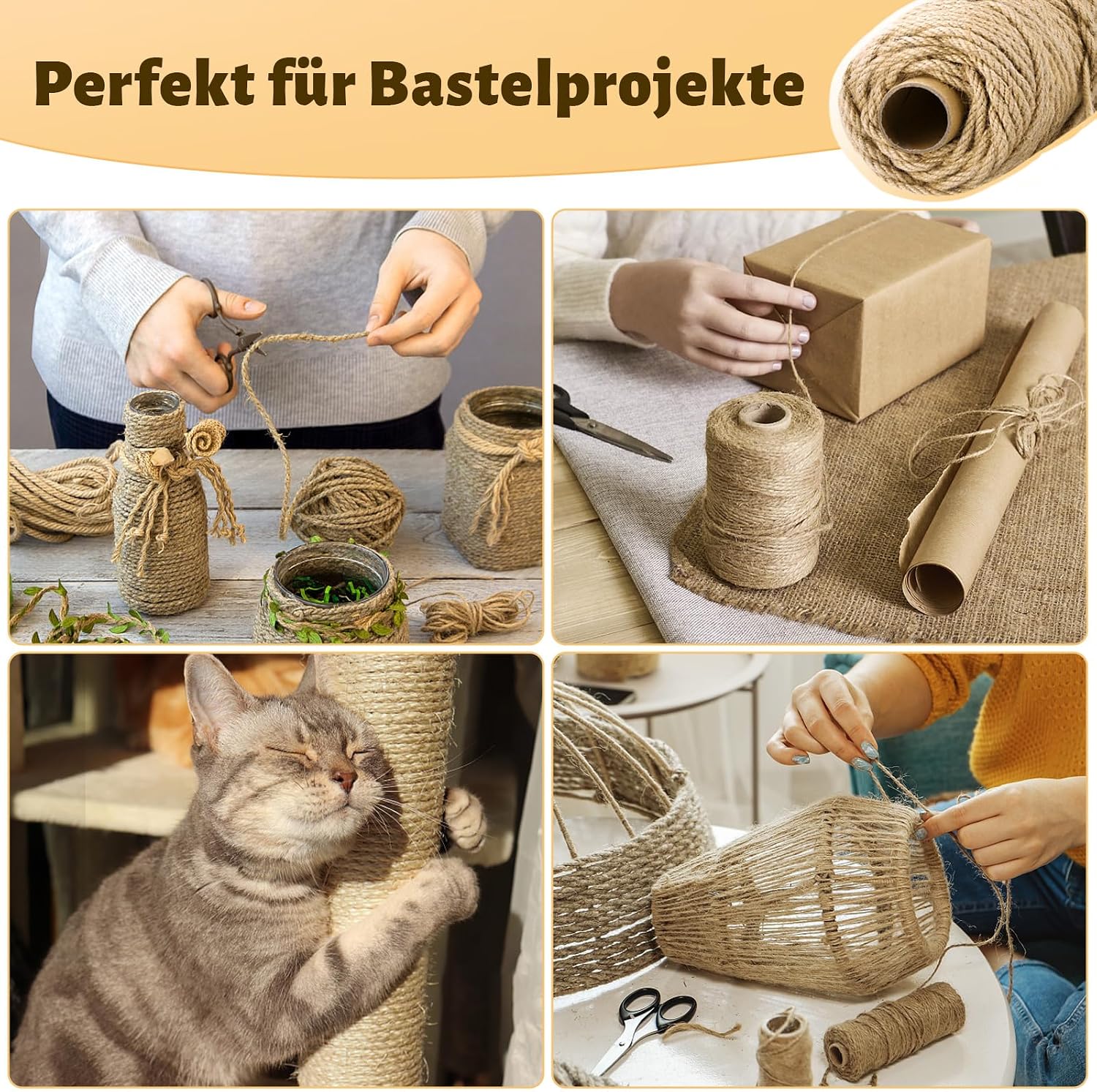 Detalle 2 de Natur Sisalseil für Kratzbaum – 6 mm x 60 m Rolle für Ersatz, Basteln & Deko