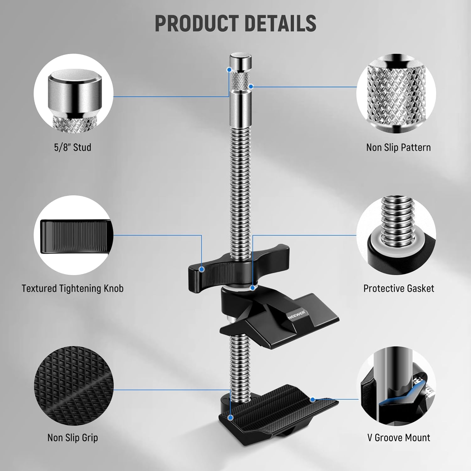 Thumbnail 3 de NEEWER UA041 – Griffe d’étau 9" en acier avec goujon 5/8" et mâchoire alu réglable