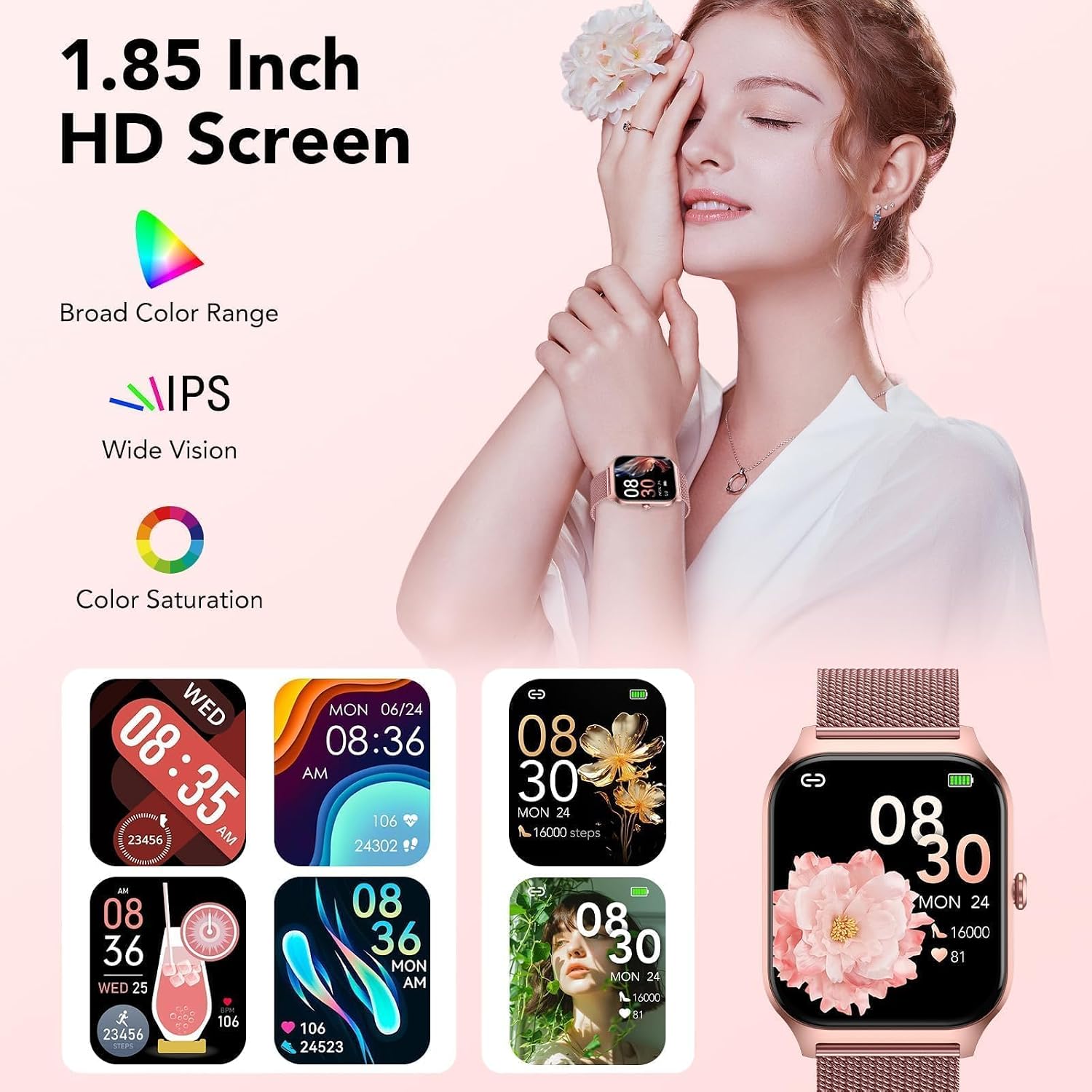 Thumbnail 1 de CASCHO Smart Watches for Women, 1.85" HD Display, 120+ Sports Modes and Bluetooth Calling – Rose Gold (Model 3)