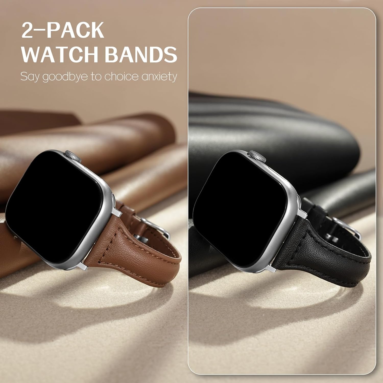 Detalle de Wkiss 2-Pack Slim Leather Bands for Apple Watch (38–46mm)