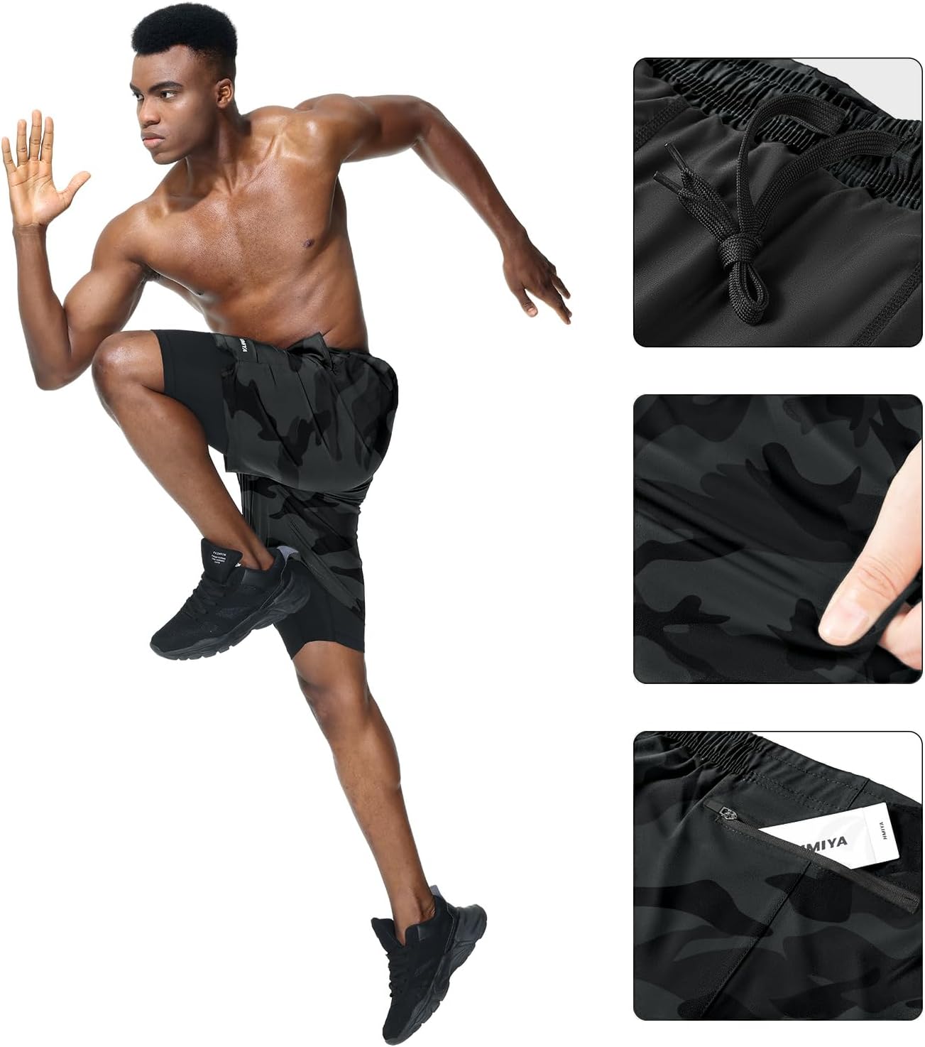 Thumbnail 2 de HMIYA Herren 2 in 1 Shorts – Kompressionsshorts, schnelle Trocknung, mit Reißverschluss-Tasche