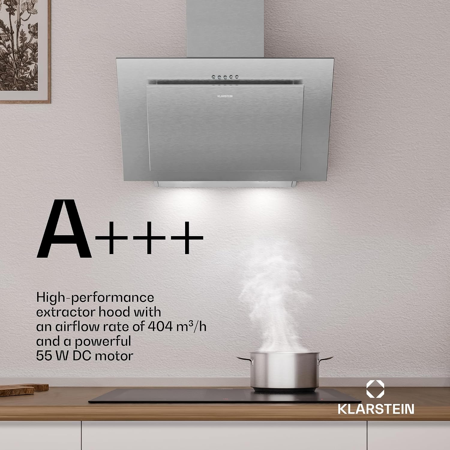 Detalle de Klarstein Athena 60 cm Angled Cooker Hood, Stainless Steel, LED, 3 Speeds