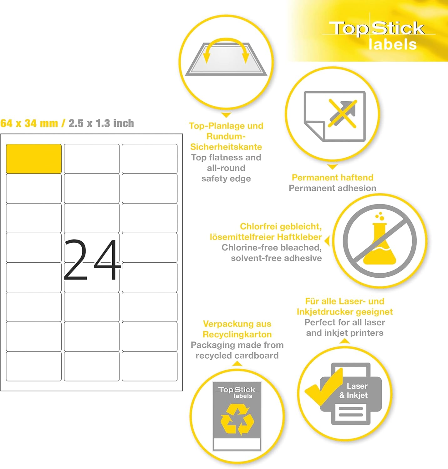 Detalle 2 de TopStick Etichette autoadesive A4 64 x 34 mm, 2400 etichette in 100 fogli per stampanti laser e inkjet