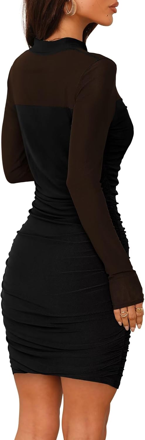 Thumbnail 4 de WIHOLL Women's Mesh Sheer Long-Sleeve Ruched Bodycon Mini Dress