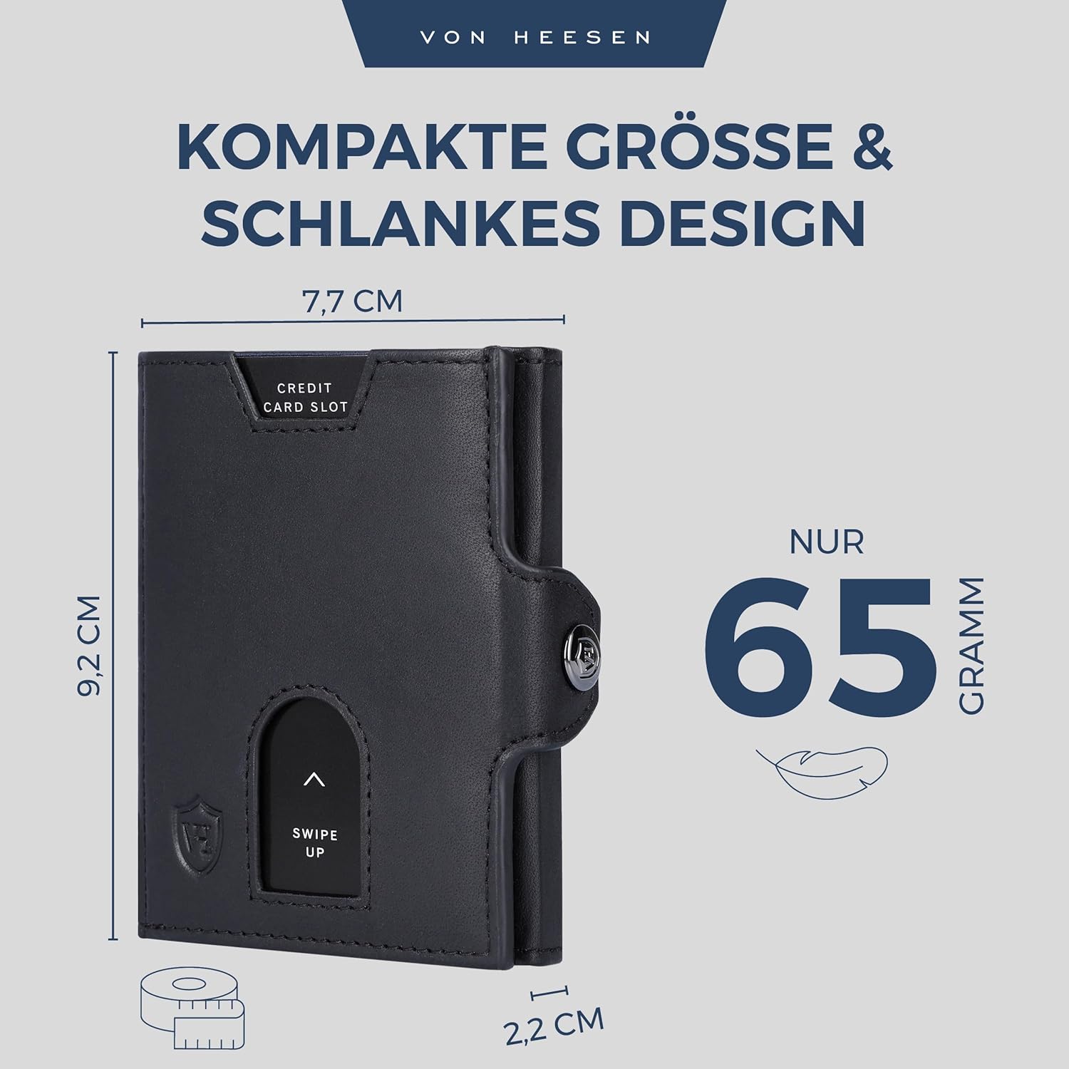 Detalle de VON HEESEN Slim Wallet mit Münzfach & RFID Schutz – Mini Portemonnaie aus Echtleder, Schwarz (Waxy)