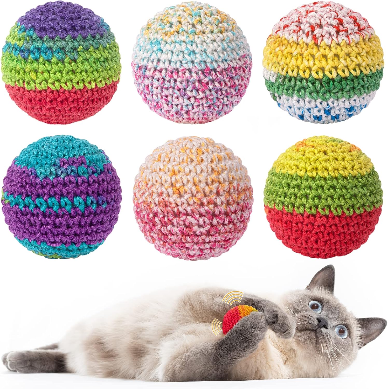 Detalle de Retro Shaw Cat Ball Toys 6 Pack, Crochet Wool Yarn Balls with Bells