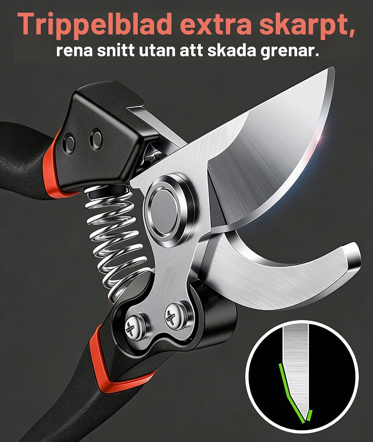 Detalle 2 de KUOGAS trädgårdssax i SK-5-kolstål med säkerhetsspärr och gummihandtag