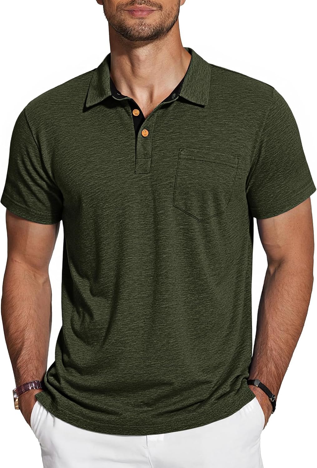 Detalle de TARAINYA Polo Uomo Cotone Maniche Corte con Tasca – Comfort estivo in 95% cotone