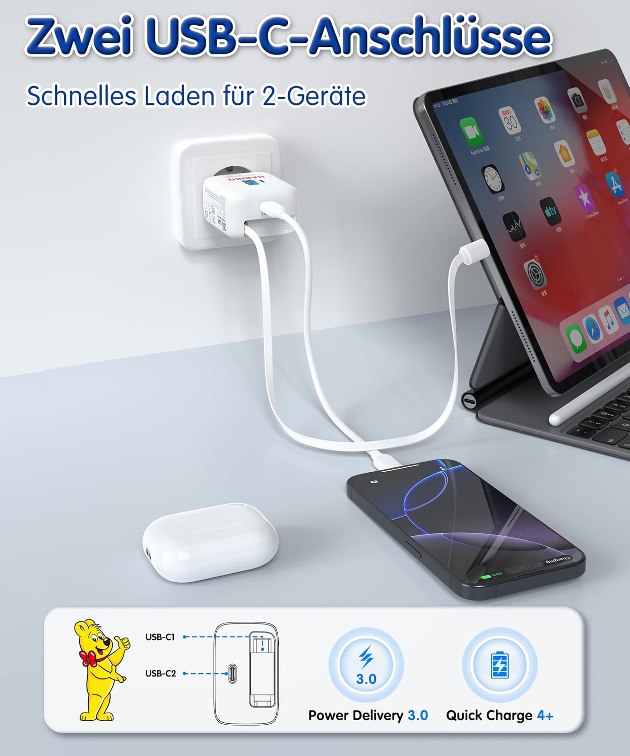 Thumbnail 3 de HARIBO 30W USB-C Ladegerät mit einziehbarem Kabel – GaN Netzteil mit zwei USB-C Ports