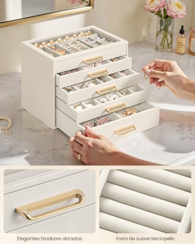 Detalle 2 de SONGMICS Joyero con 5 cajones y tapa de cristal – Organizador elegante para tocador