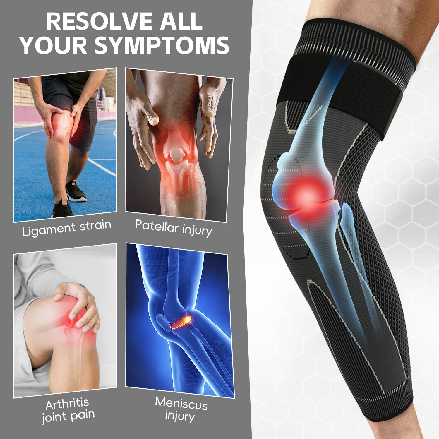 Detalle 2 de Kecartu Knee Braces, Long Full-Leg Compression Sleeves, Grey, Medium, 2-Pack