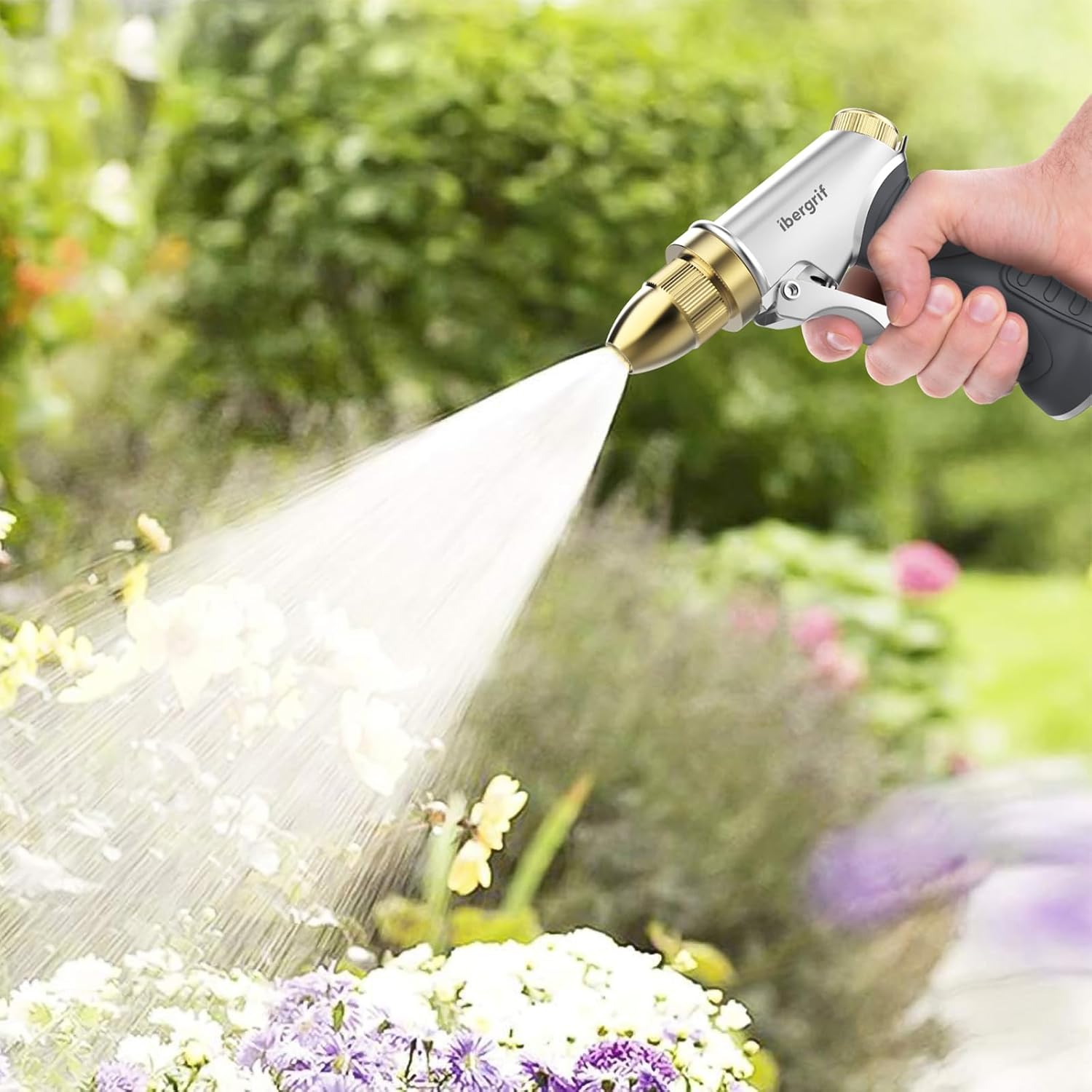 Thumbnail 1 de Ibergrif metal hose pipe spray gun with brass nozzle, 4 patterns and water flow control (grey)