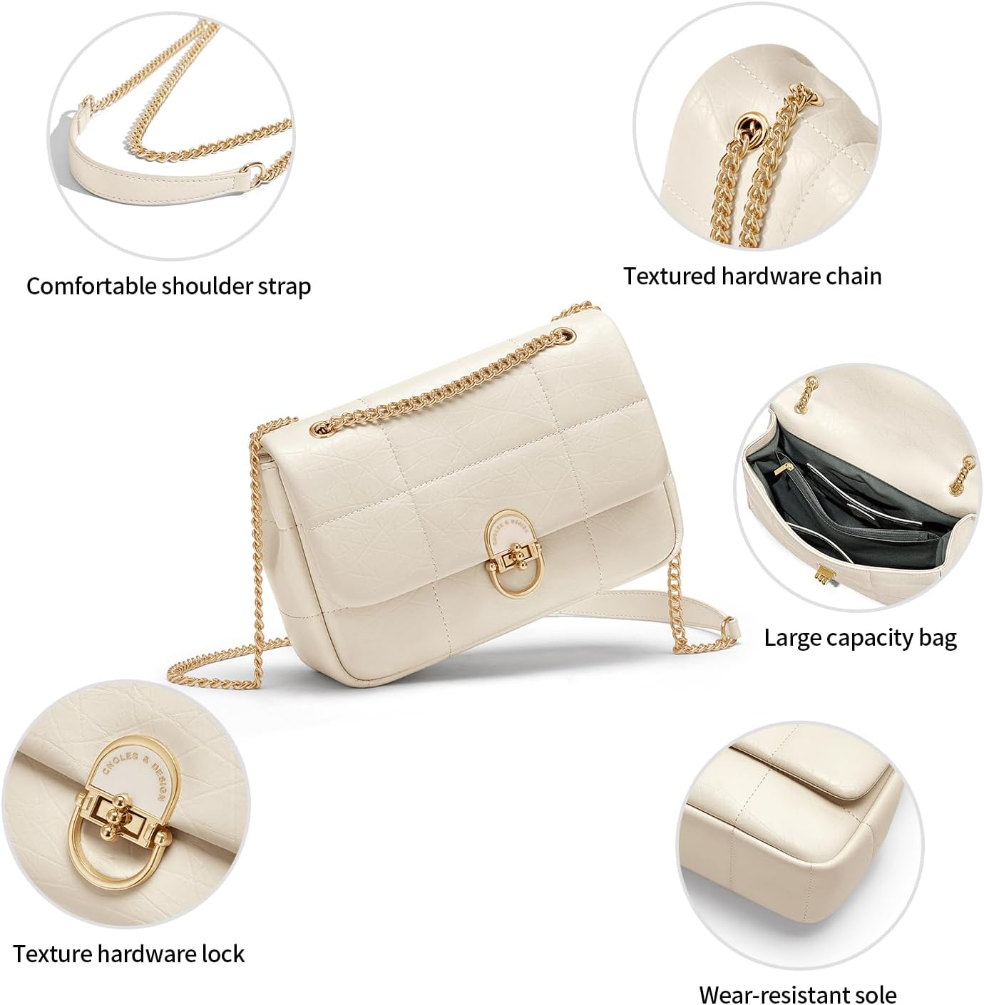 Detalle de Cnoles Umhängetasche für Damen – Leder, Goldkette, zwei Größen