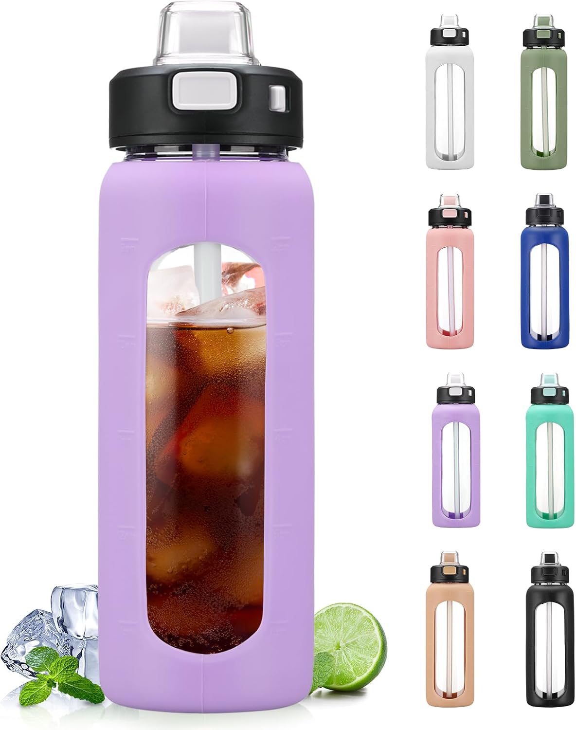 Thumbnail 6 de BLUEGO 900ML Bouteille en verre avec poignée, manchon en silicone et marqueur du temps – hydratation élégante et pratique