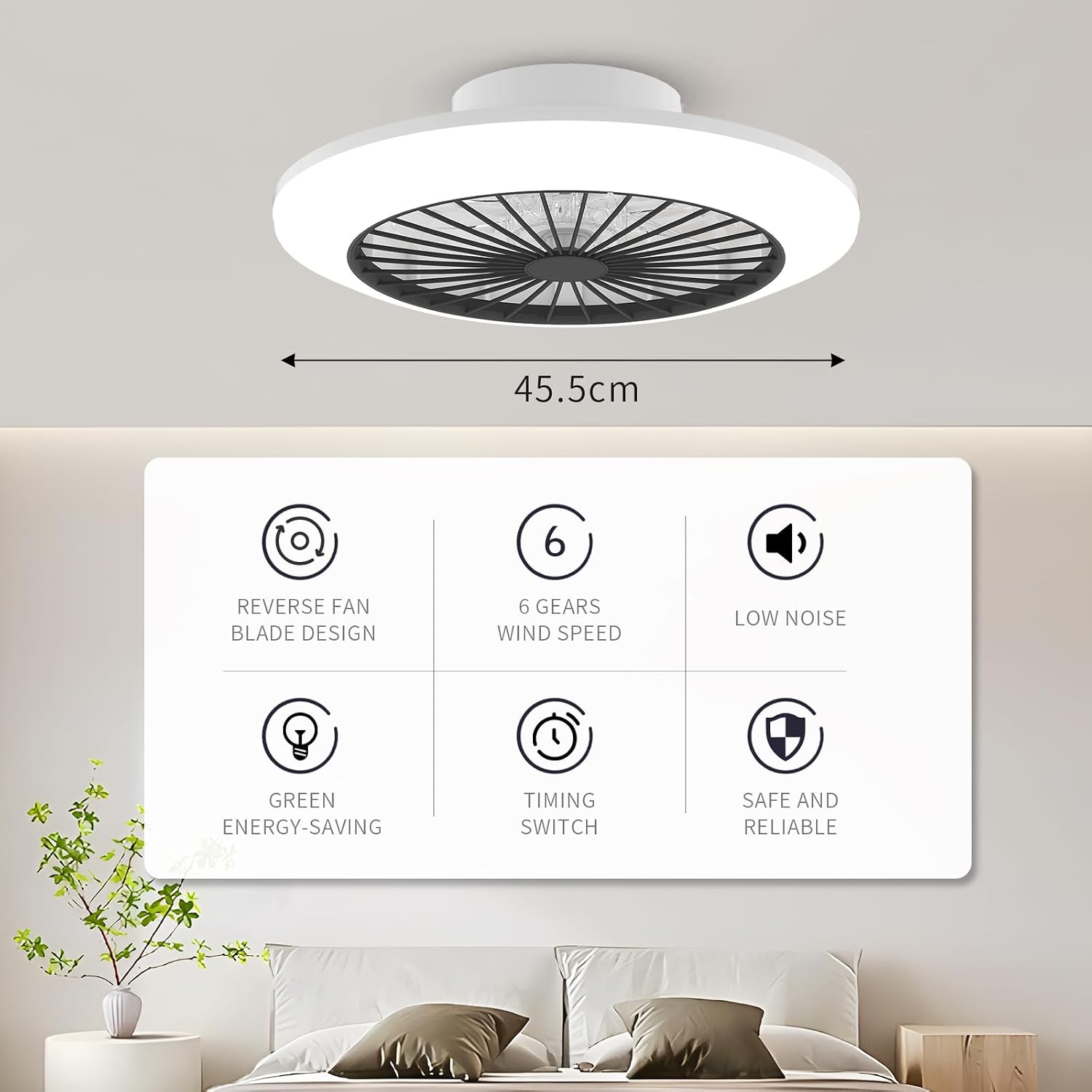 Detalle 2 de BKZO 45.5cm LED Ceiling Fan with Light – 6-Speed, Stepless Dimming, 3000–5500K