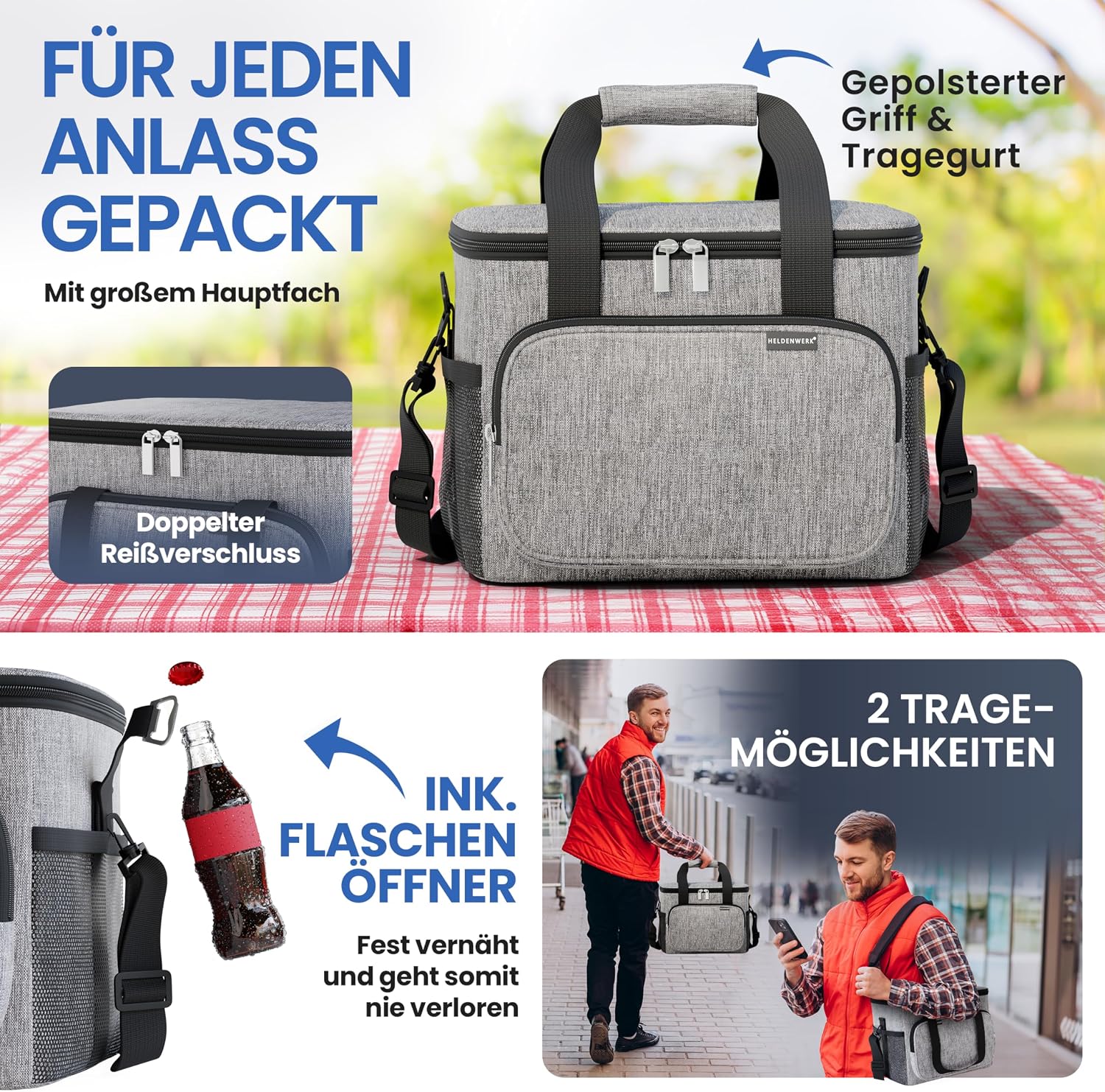 Detalle de HELDENWERK Kühltasche groß faltbar – 12h Kühlleistung, wasserdicht & auslaufsicher