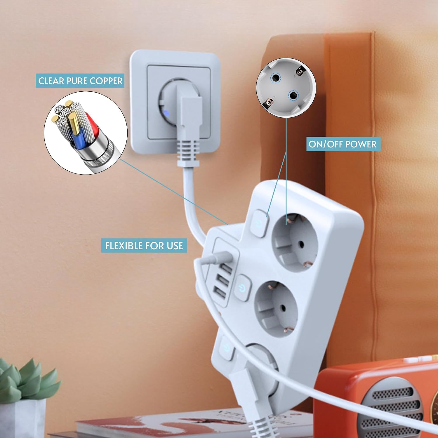 Detalle de MAGIC SELECT grenuttag med 3 uttag, individuella brytare och USB-C