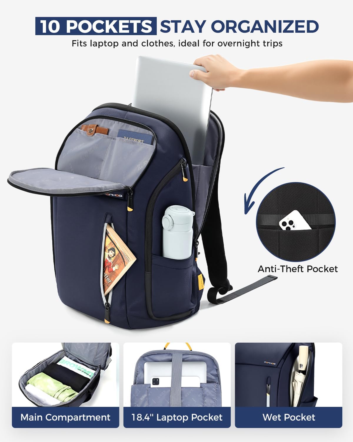 Thumbnail 1 de Ponhog Laptop Backpack for Men — 18.4 Inch Large Travel Backpack (40L)