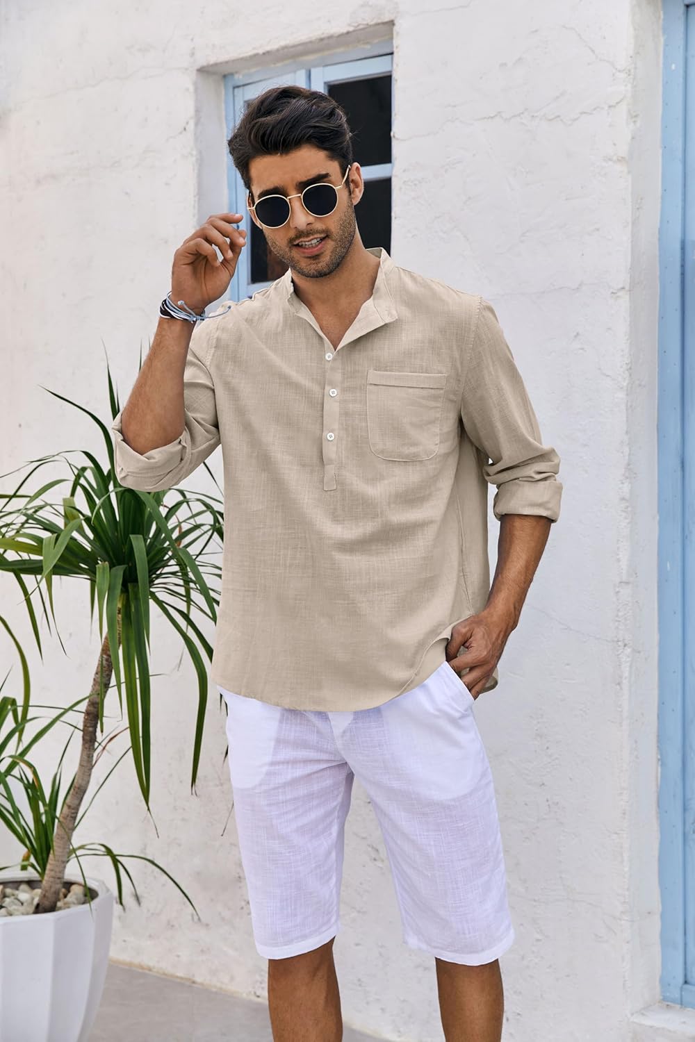 Thumbnail 2 de Runcati Herren Leinenhemd Langarm – Regular Fit aus Baumwolle/Leinen (Henley-Kragen, Brusttasche)