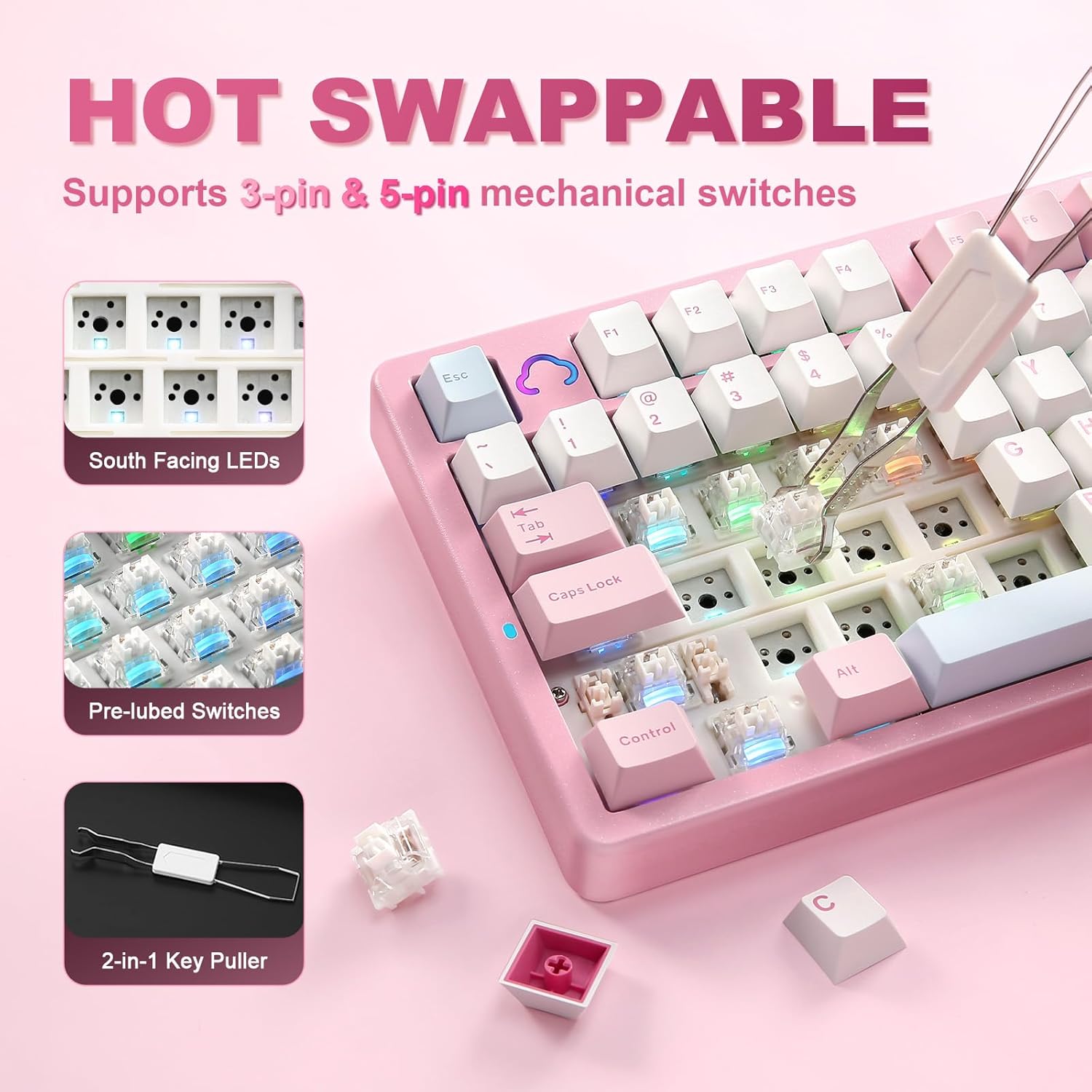 Thumbnail 5 de YUNZII AL98 QMK/VIA Kabellose Mechanische Gaming-Tastatur – 1800-Layout, Aluminium, Hot-Swap, RGB, Rosa (Milk V2 Linear)