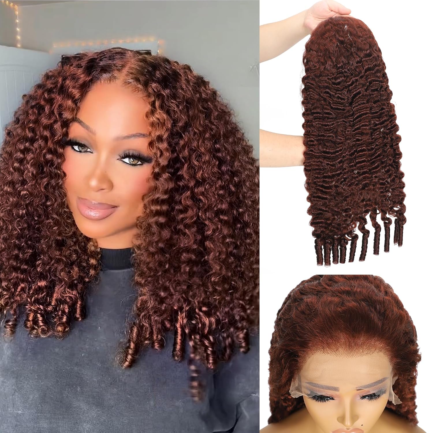 Detalle de Honey Blonde Drawstring Burmese Curly Wig: 22" 13x6 HD Lace Front, 250 Density, Virgin Human Hair