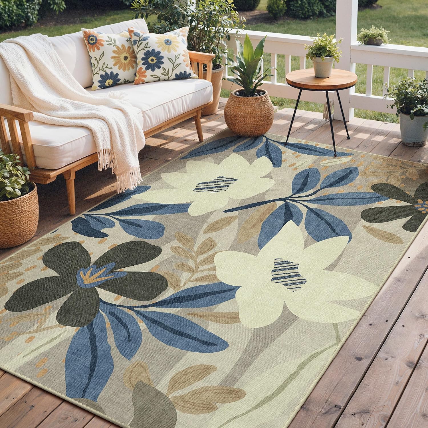 Detalle de GENIMO 5 x 8 Outdoor Rug, Washable Floral Rug in Navy and Cream