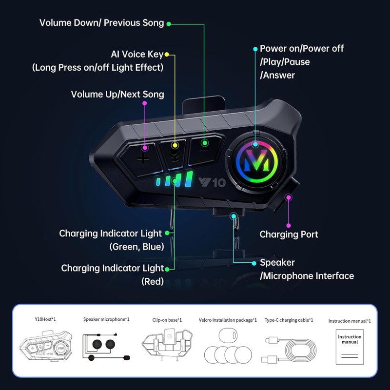 Detalle de Klack Y10 Auriculares Bluetooth Intercom Moto IPX6 Hi-Fi (2 Uds.)