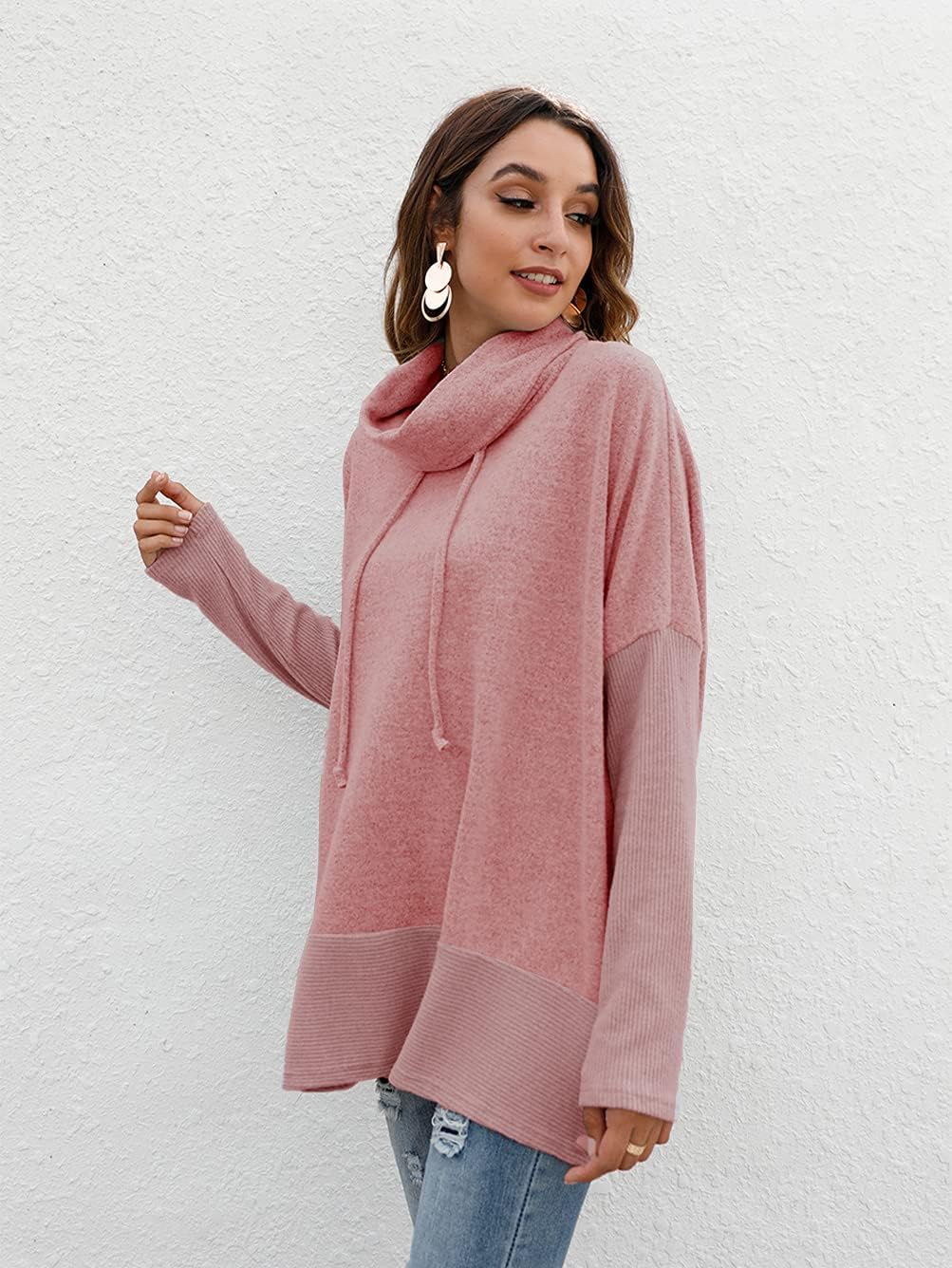 Detalle de Famulily Oversized Hoodie Women — Cowl Neck Drawstring Sweatshirt in Blue (Size L-XL)