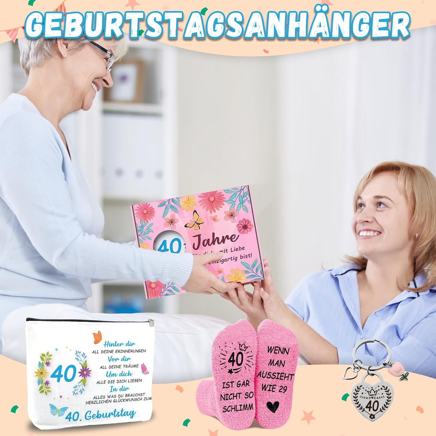 Detalle 2 de WAMIOKAGRO Geschenkset zum 40. Geburtstag: Kosmetiktasche, Socken & Schlüsselanhänger