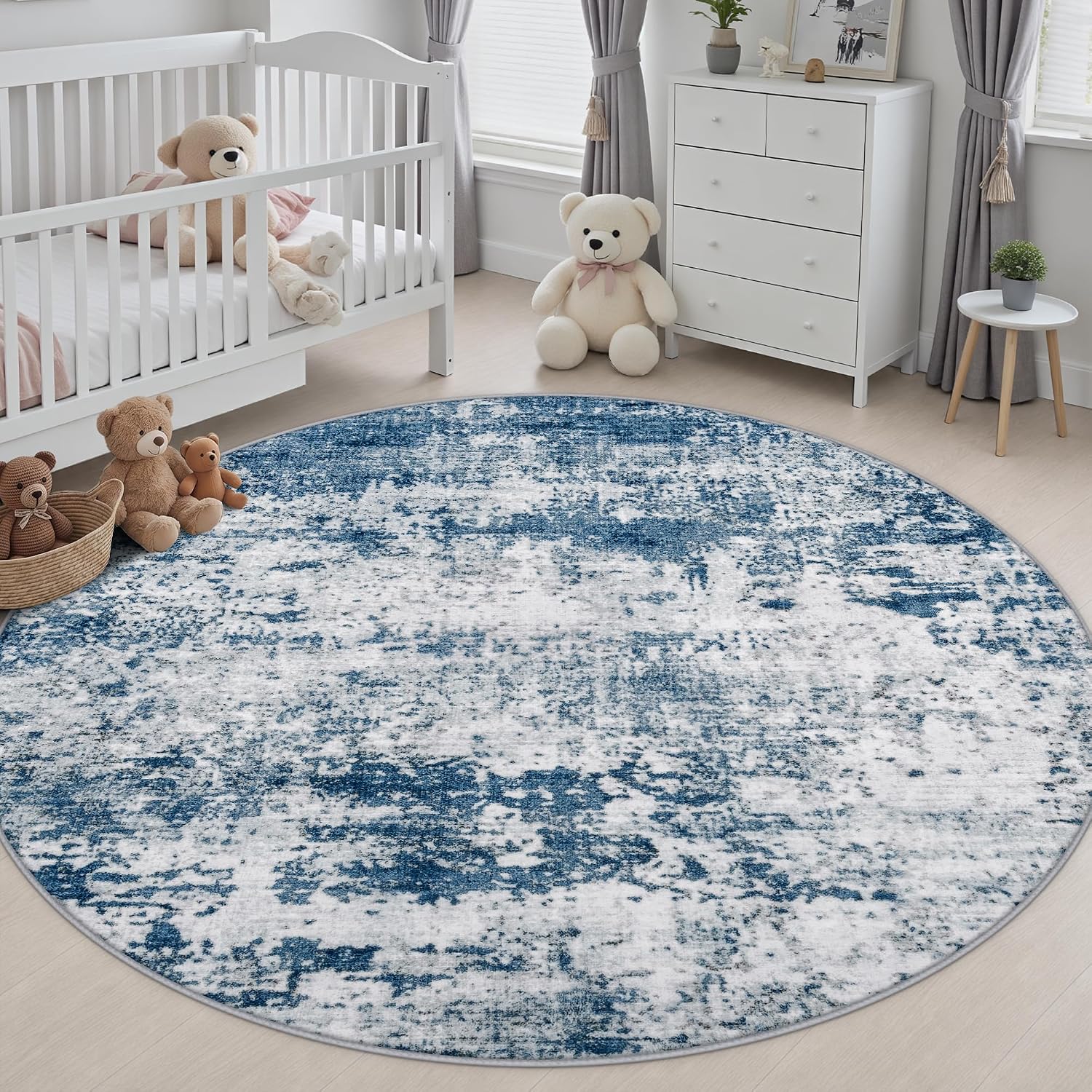 Thumbnail 4 de Round 8-Ft Washable Abstract Area Rug – Blue for Living Room