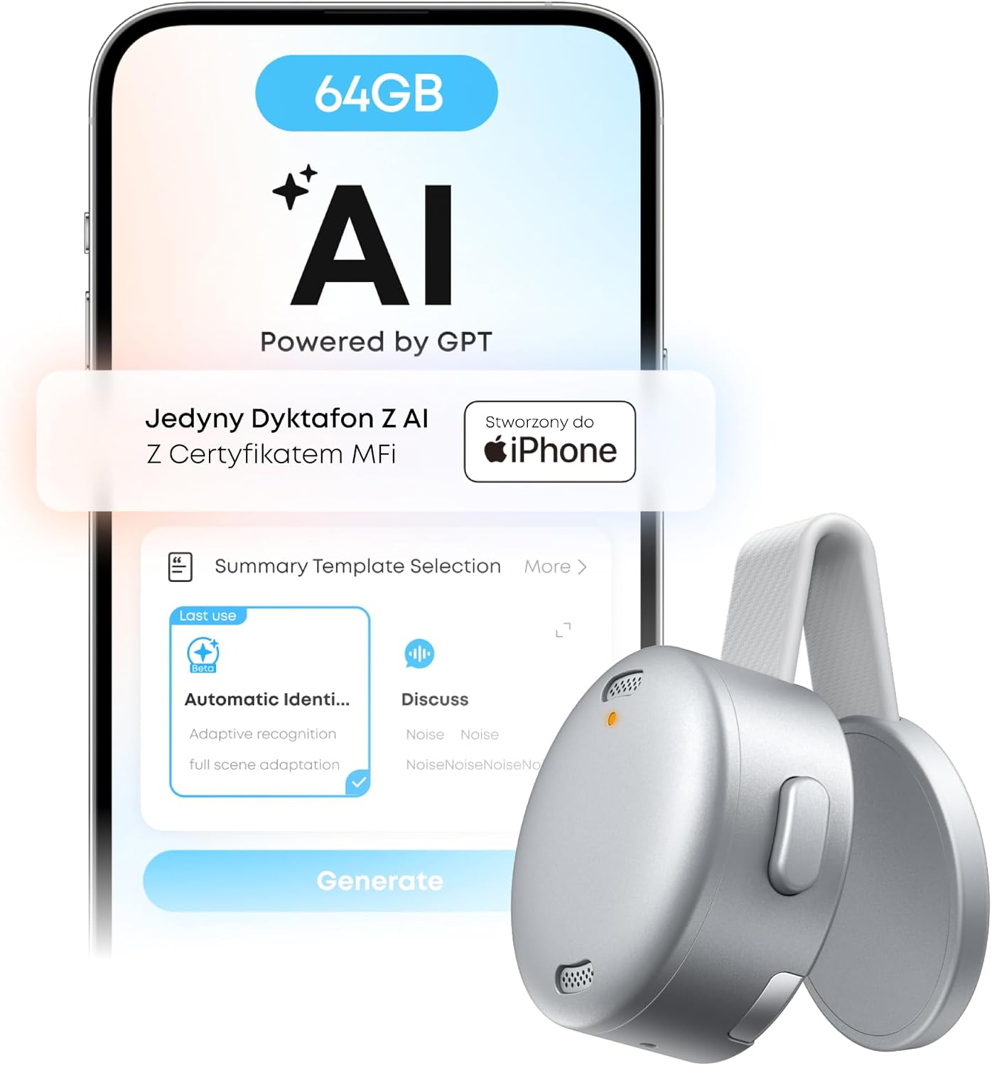 Detalle 2 de soundcore Work – dyktafon 64 GB z transkrypcją AI i certyfikatem MFi