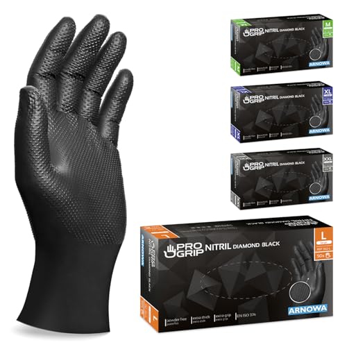 ARNOMED 50x PROGRIP Gants nitrile taille L Noir – double épaisseur et texture diamantée