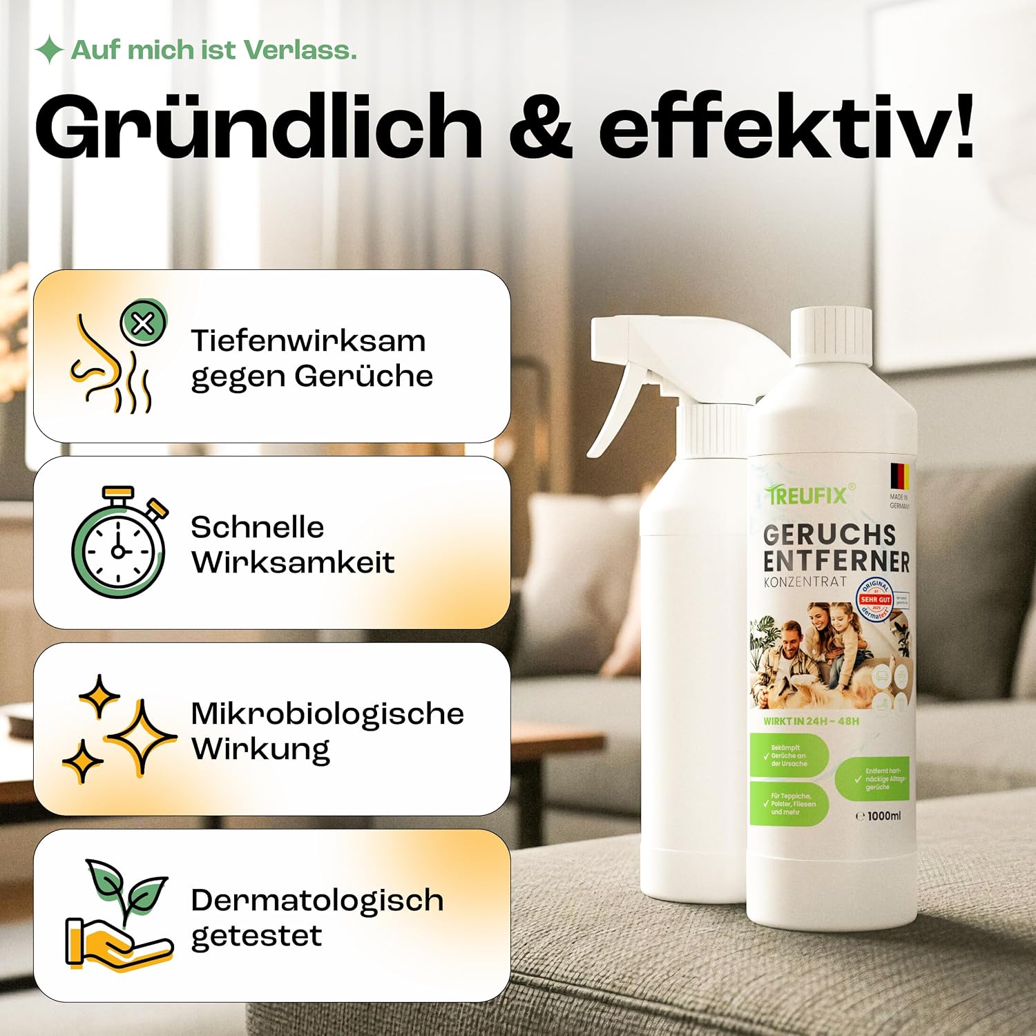 Detalle de Treufix Geruchsentferner Konzentrat 1 L inkl. 500 ml Mischflasche – Enzymreiniger gegen Urin, Schweiß & Alltagsgerüche